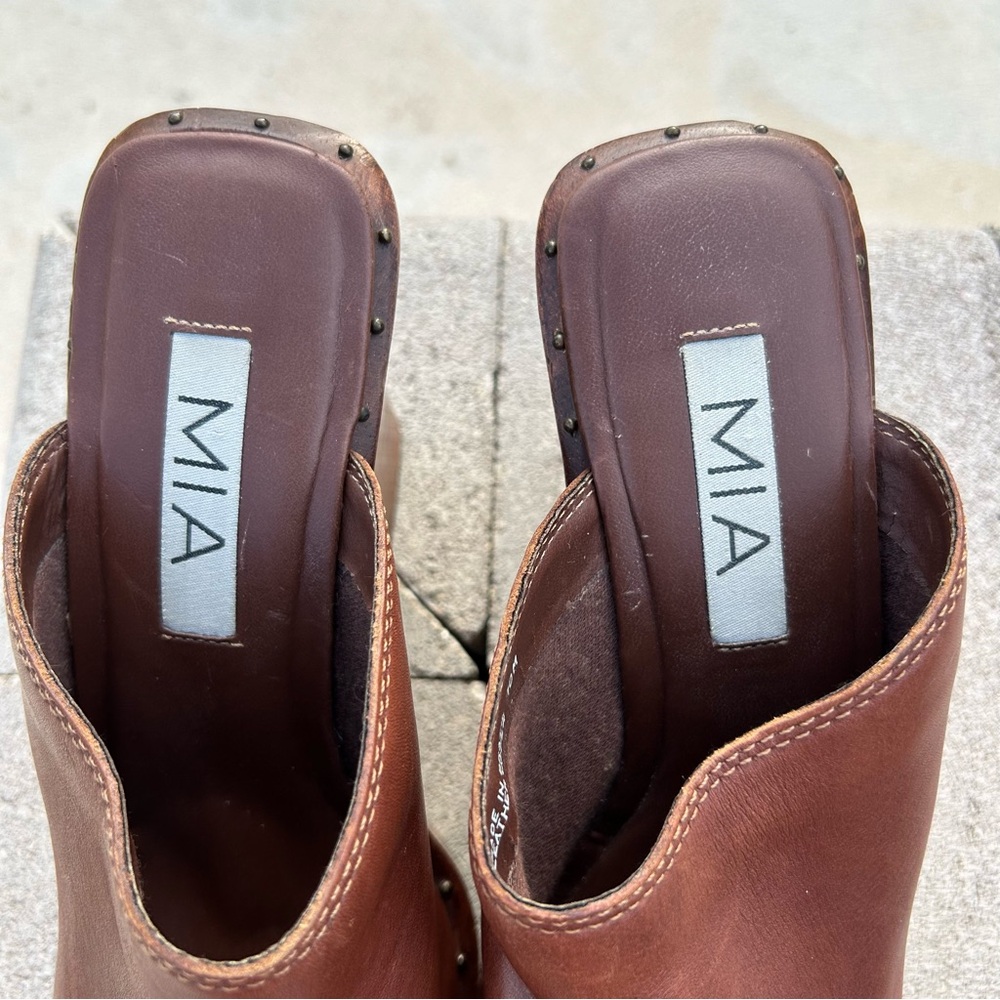 MIA Wooden Leather Studded Platform Heel Mule Clog Shoes Brown 10 - Picture 6 of 16